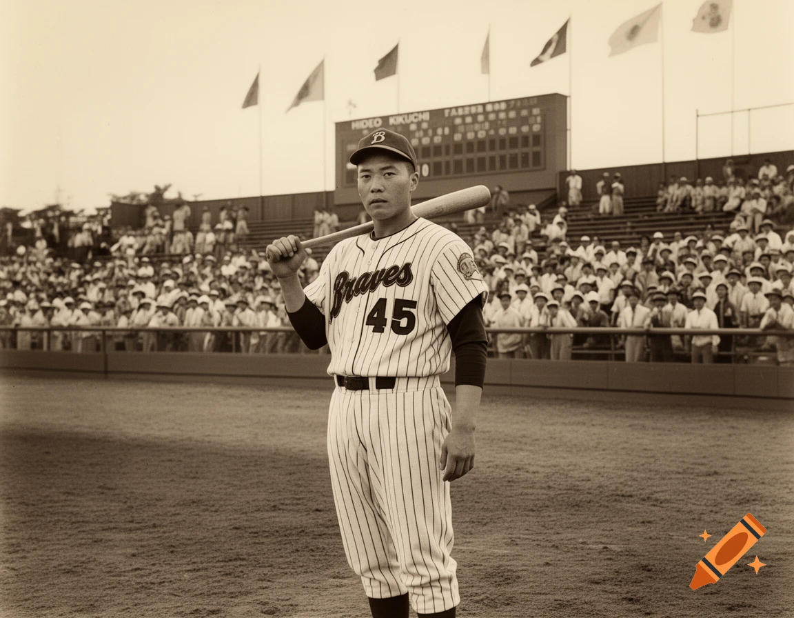 A sepia-toned photo of Japanese baseball player Hideo Kikuchi, number 45 for the Braves, standing on a field in a stadium.