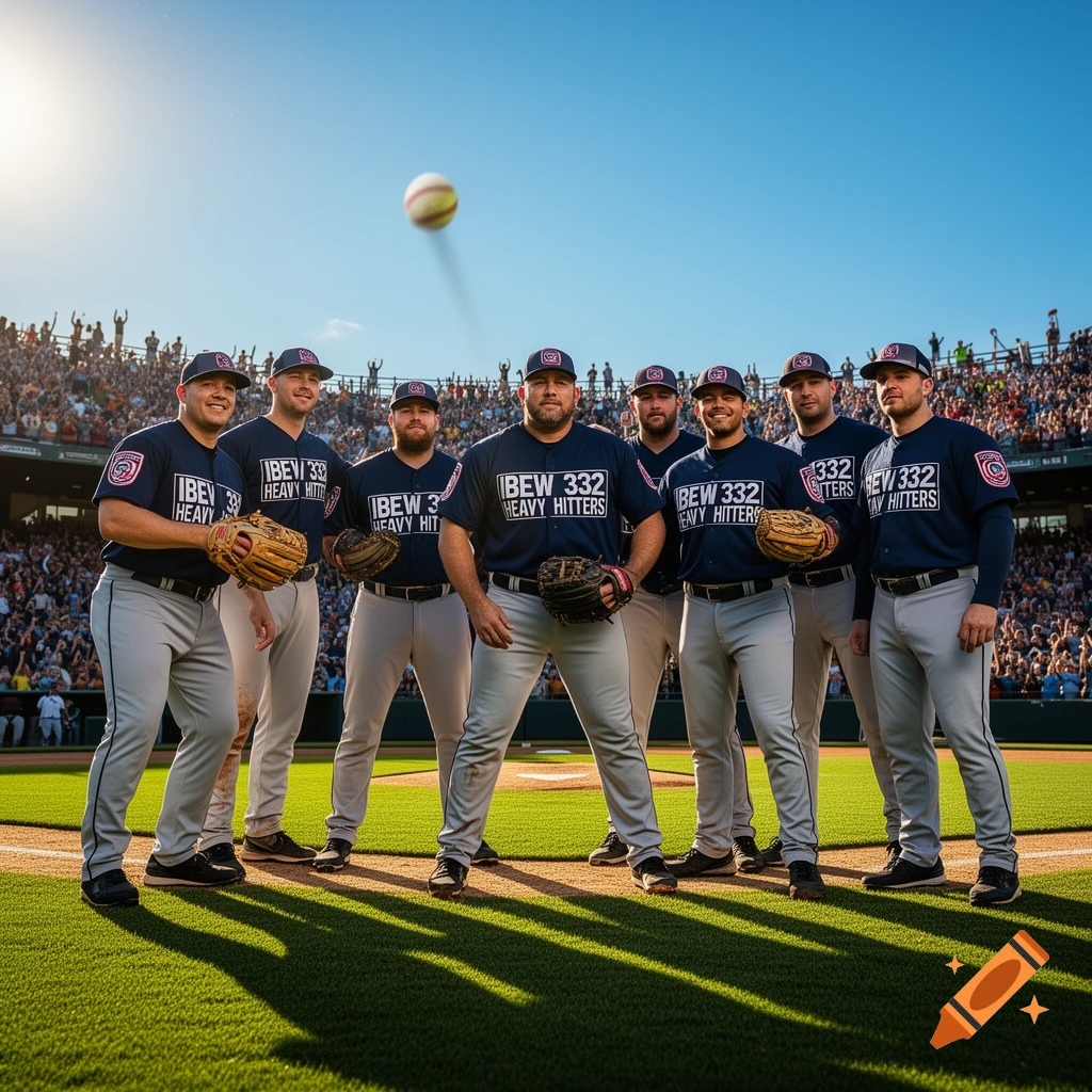 A team of seven baseball players in uniforms, IBEW 332 Heavy Hitters, posing on a sunny field with a blurred baseball in the air, a crowd in the background.