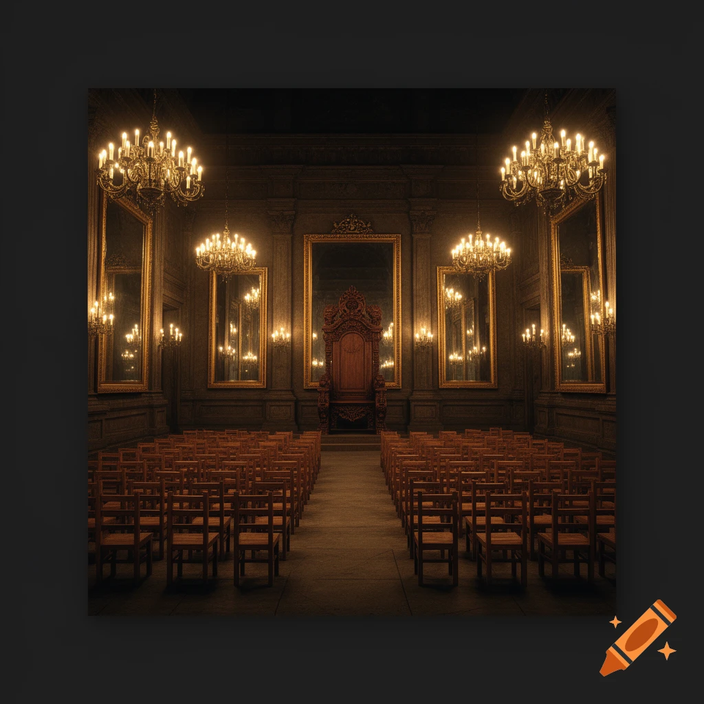 A grand, dimly lit hall with a dark wooden throne at the end, flanked by golden-framed mirrors and chandeliers, with rows of chairs.