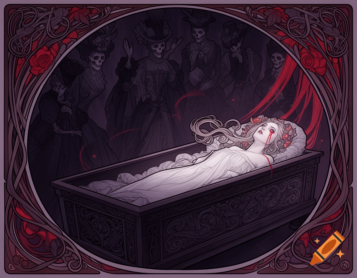 Art Nouveau illustration of a pale woman with blood-red tears in a coffin, surrounded by skeletal mourners, with a dark floral frame.