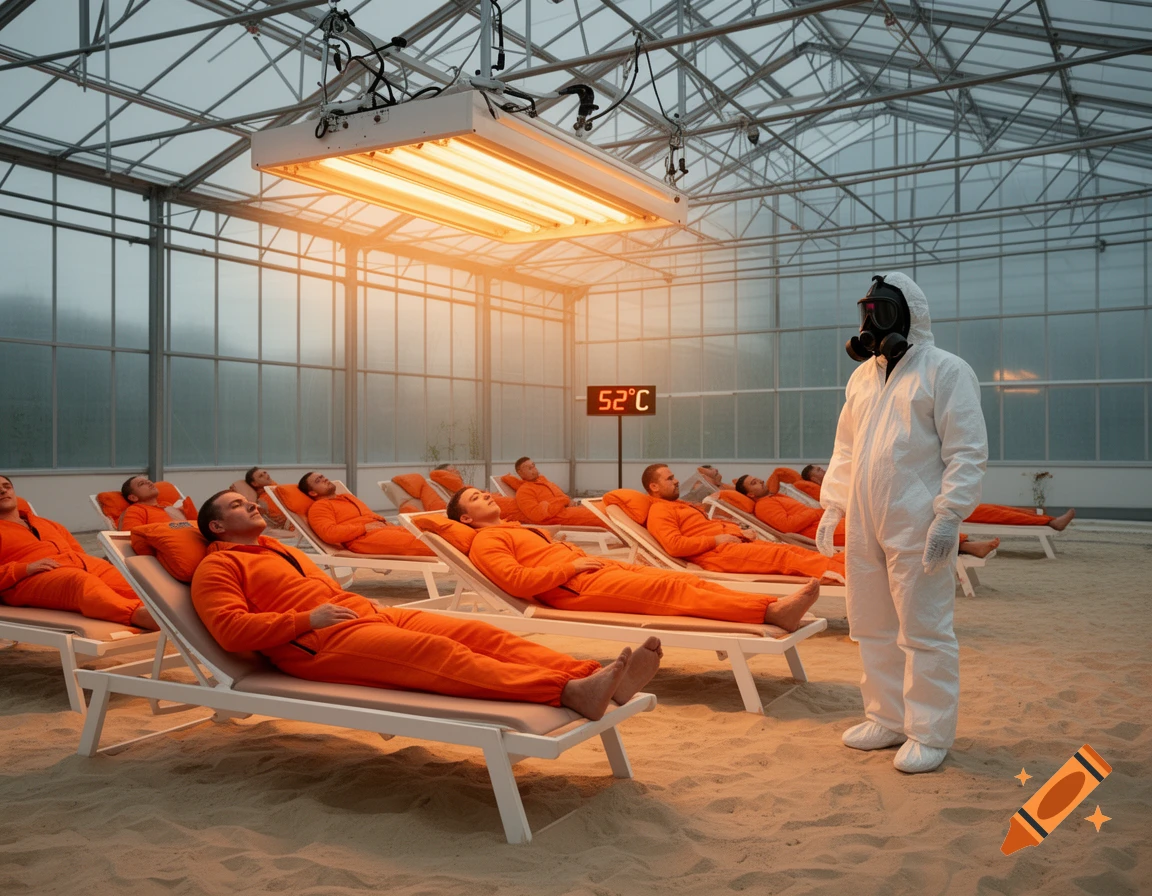 A person in a white hazmat suit watches men in orange jumpsuits sunbathing on sand under UV lights in a large glass greenhouse with a 520C display.