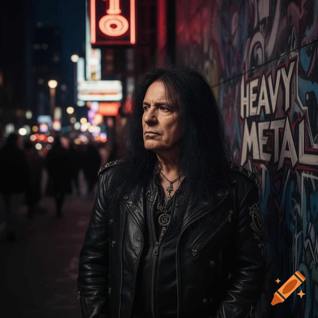 Photorealistic portrait of a man with long black hair and a leather jacket, standing by a graffiti-covered wall on a city street at night.