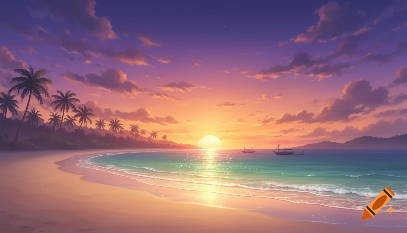 Anime style tropical beach sunset with palm trees, boats on the ocean, and a vibrant orange-purple sky.