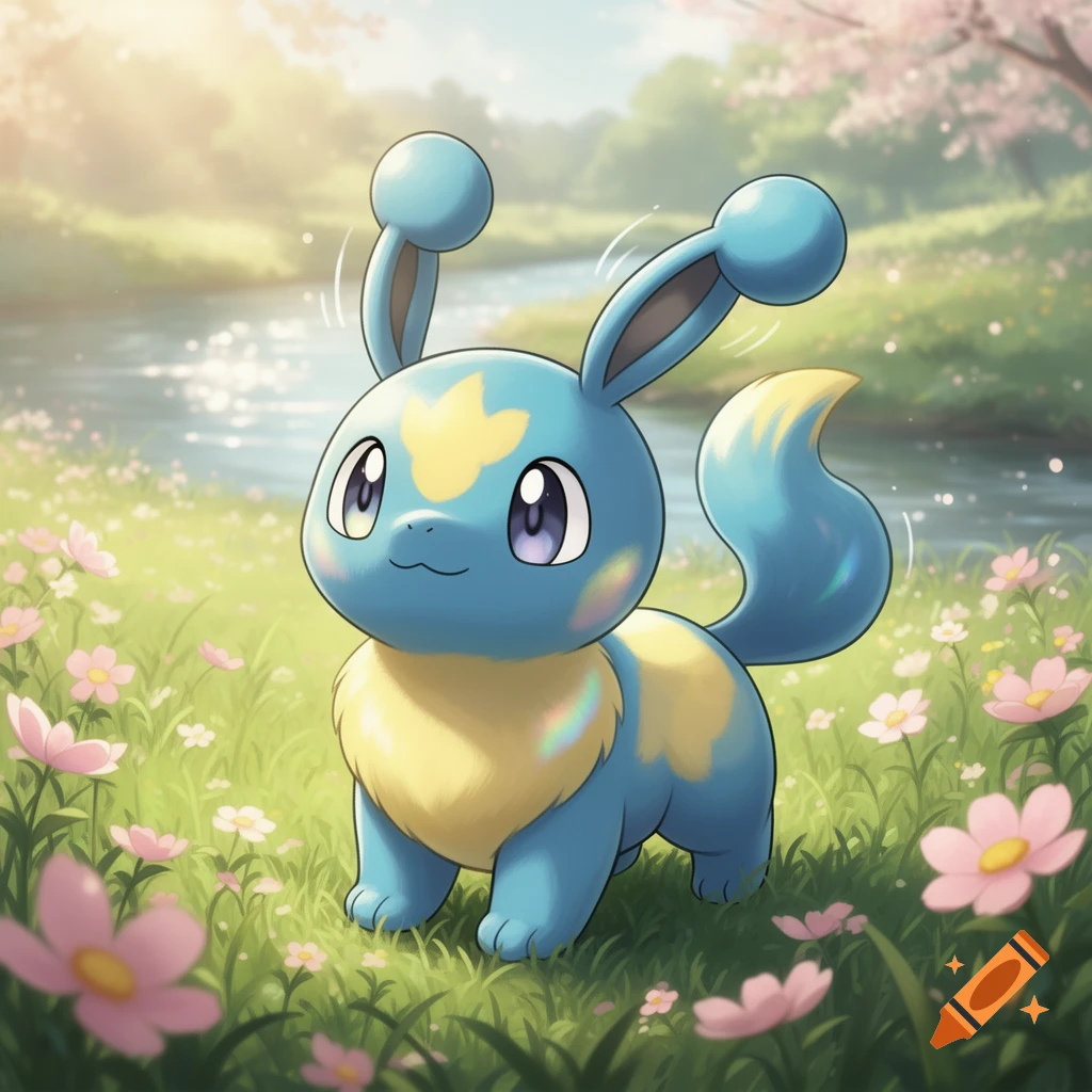 A cute blue and yellow Pokémon-like creature with large ears stands in a field of pink flowers by a river, in a bright anime style.
