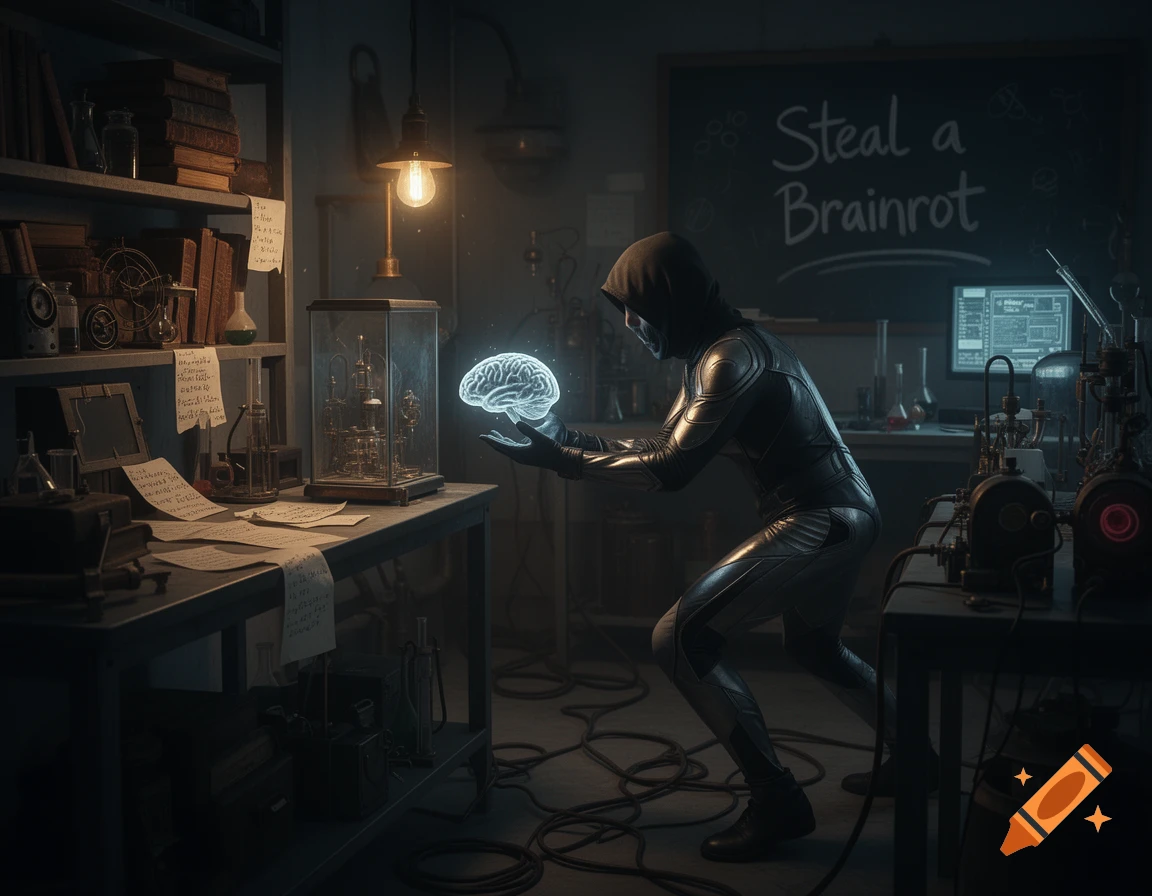 A hooded figure holds a glowing brain in a dark, cluttered laboratory filled with scientific equipment and a chalkboard.