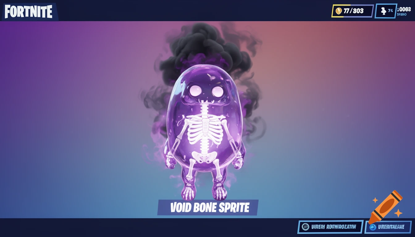 A transparent purple blob creature with a glowing white skeleton inside floats over a gradient background, in a Fortnite UI layout with 'VOID BONE SPRITE' text.