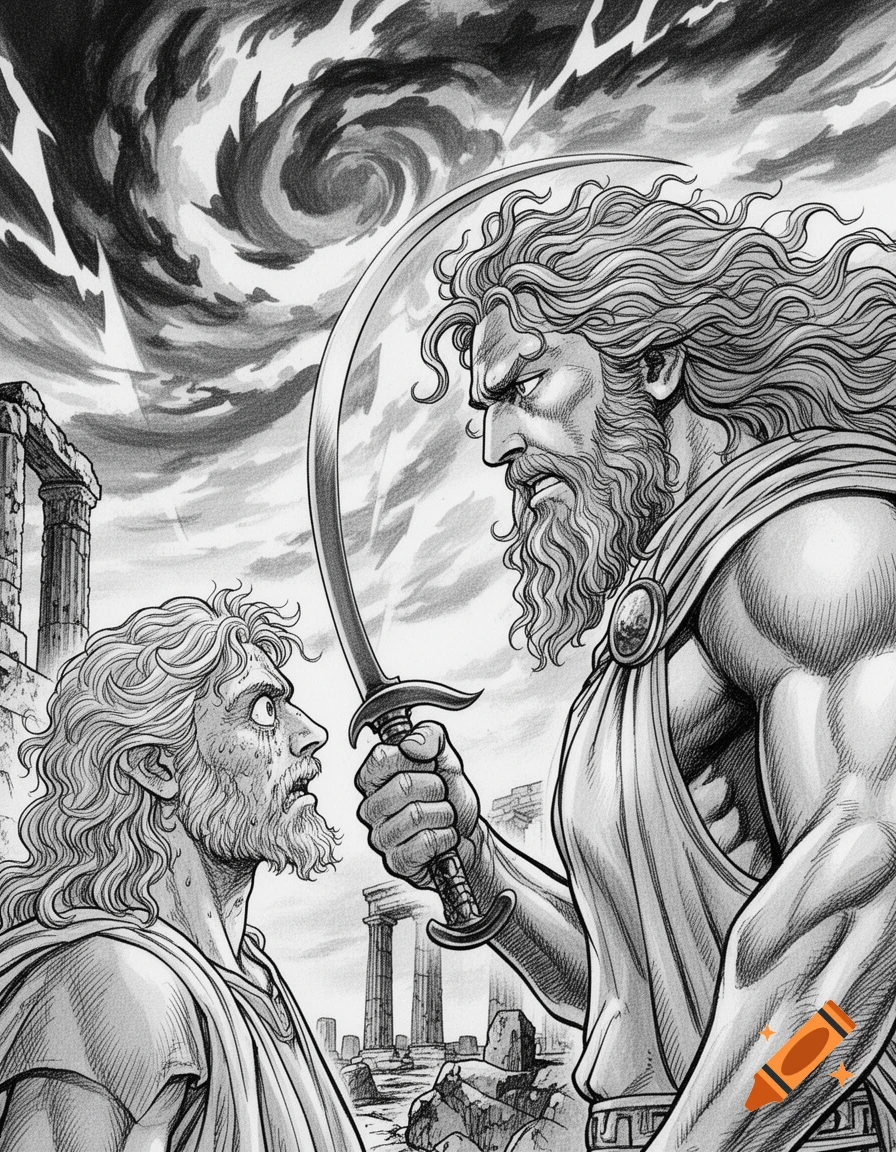 Manga style drawing of a powerful bearded man with a curved sword menacing a terrified man, set amidst ancient ruins and a stormy sky.