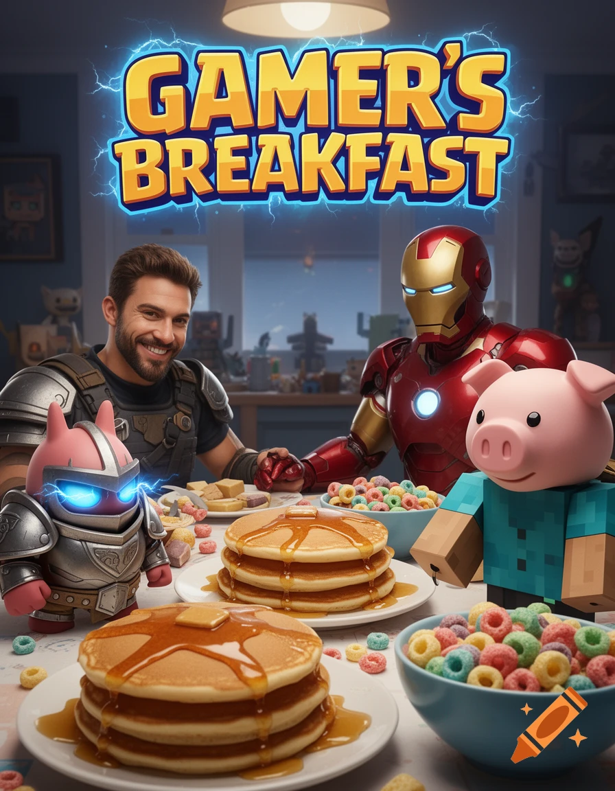 Iron Man, a man, a Mini P.E.K.K.A-like character, and a Minecraft pig-man eat pancakes and cereal under a 'GAMER'S BREAKFAST' sign.