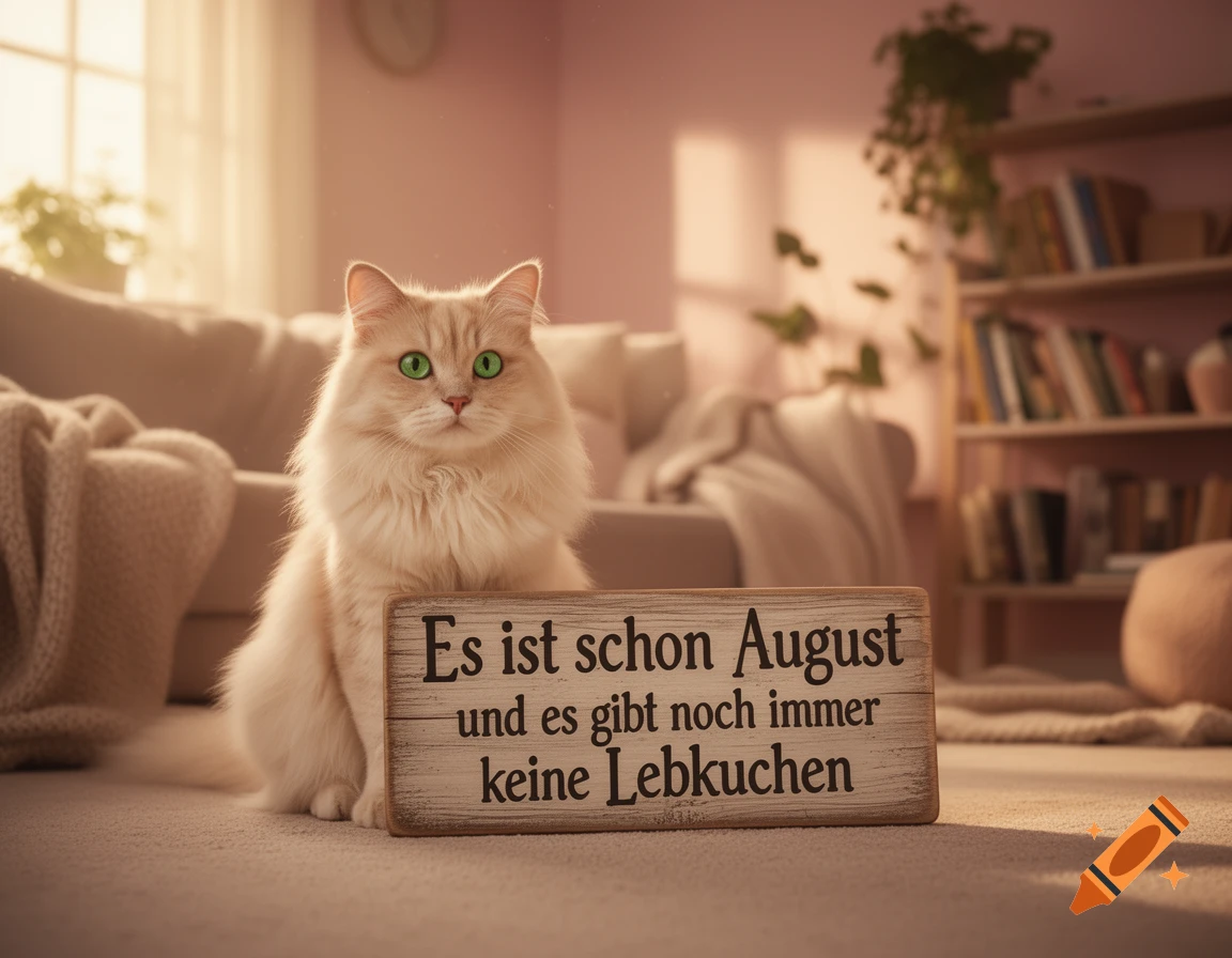 A fluffy light-colored cat with bright green eyes sits on a rug next to a wooden sign in a cozy, sunlit living room.