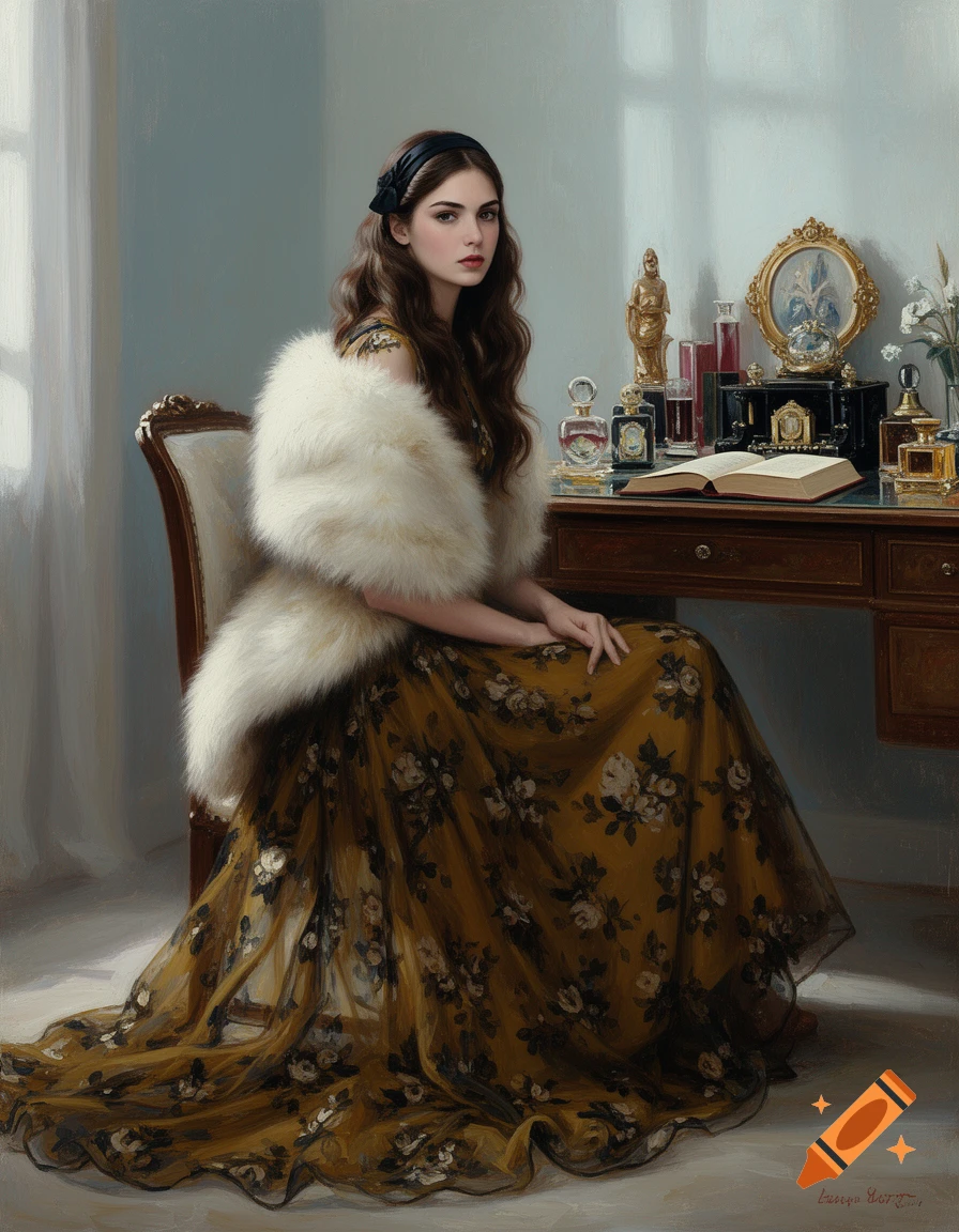 A young woman in a dark-mustard floral gown and white fur stole sits at a vintage desk with luxury items, looking at the camera, in an oil painting style.