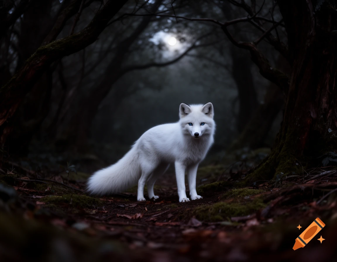 A white fox with piercing blue eyes stands on a mossy forest path in a dark, misty wood under moonlight.
