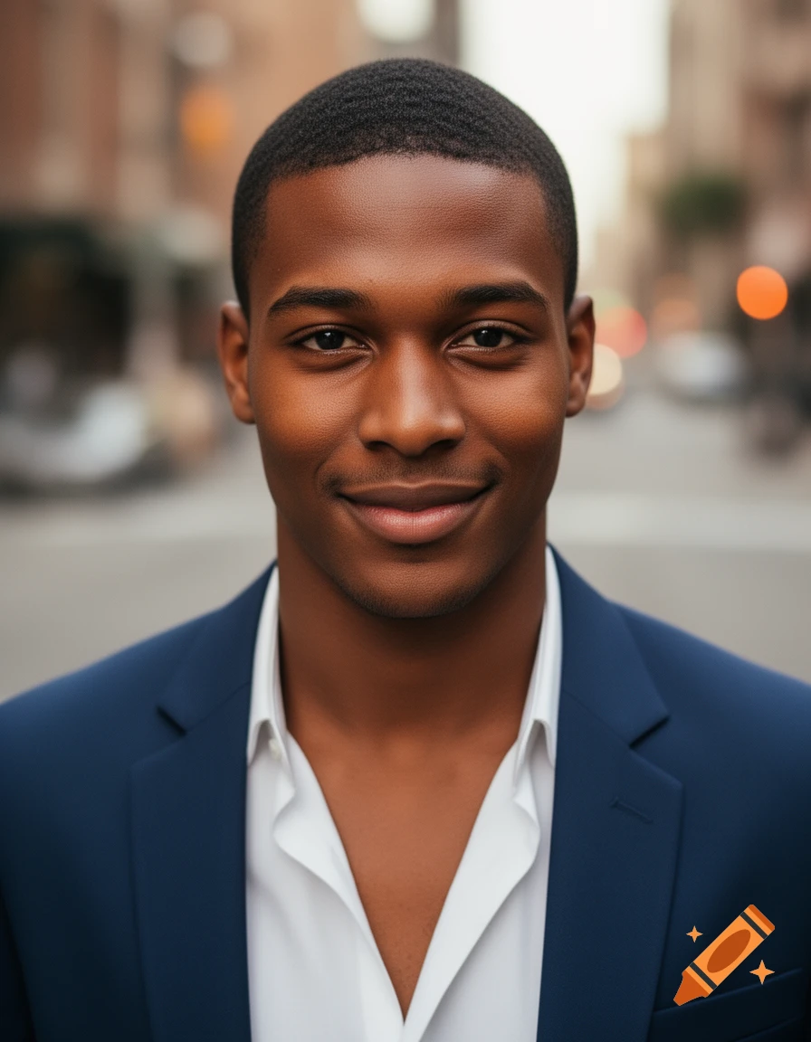 Photorealistic portrait of a smiling young Black man in a blue suit and white shirt, with a blurred urban background.