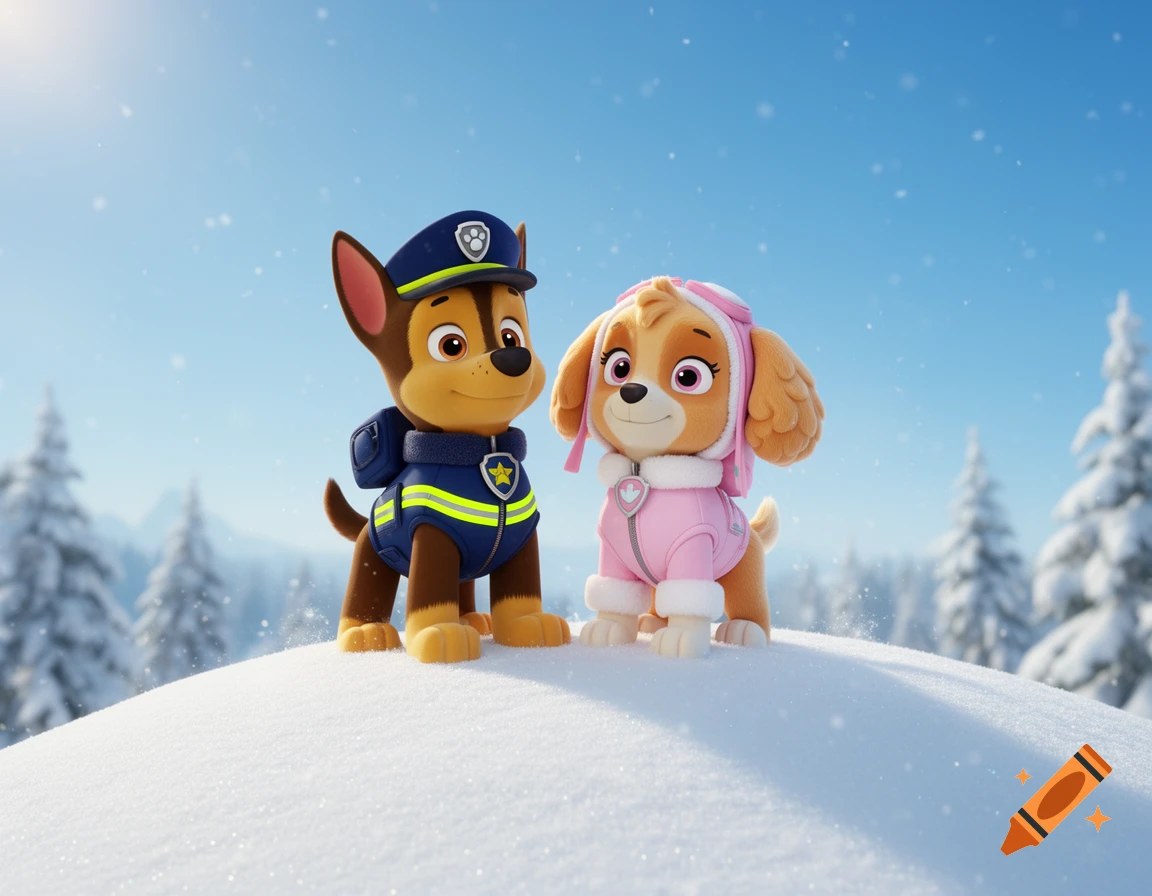 Paw Patrol characters Chase and Skye in winter coats stand on a snowy hill.
