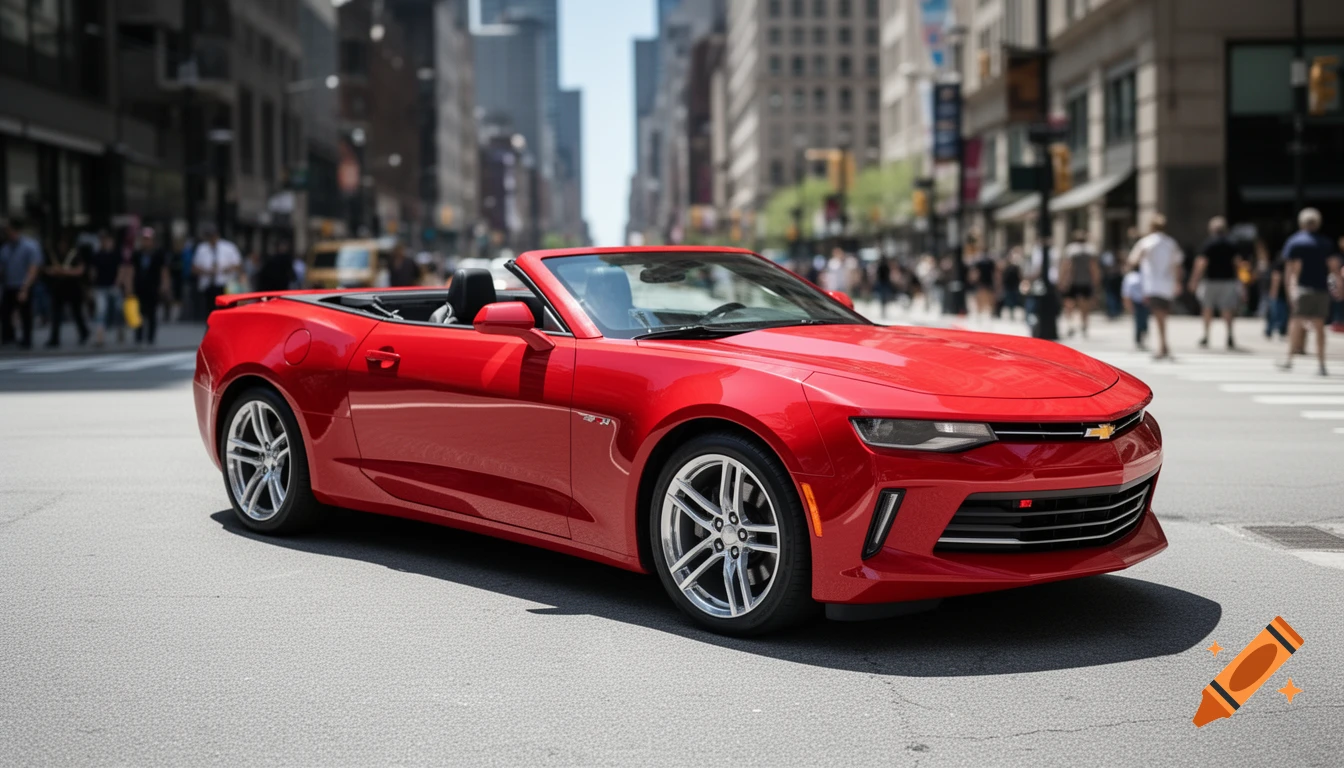A red Chevrolet Camaro convertible is parked on a city street with blurred buildings and pedestrians in the background. The car is sleek and shiny, captured in a photorealistic style.