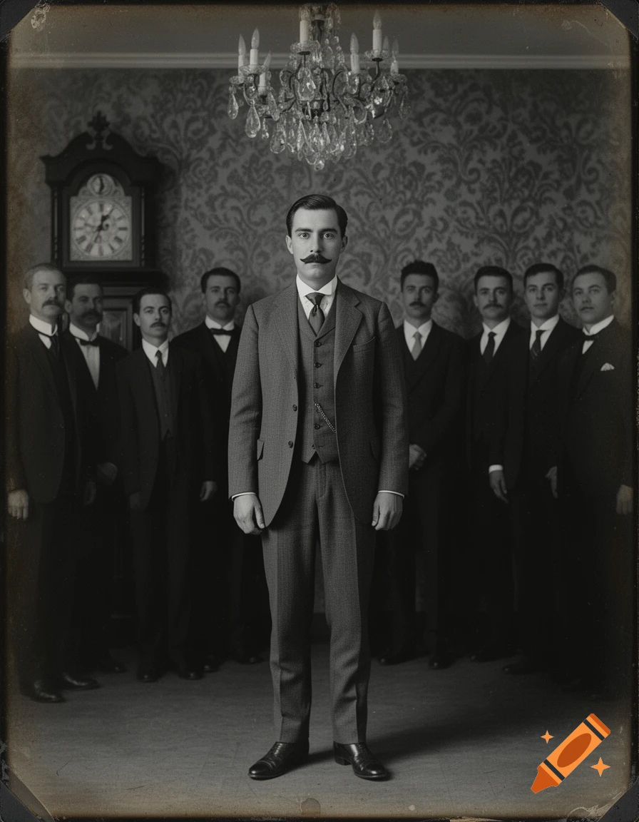 A vintage-style black and white portrait of a man with a mustache in a suit standing prominently, flanked by seven other men in suits in a room with a patterned wall and a chandelier.