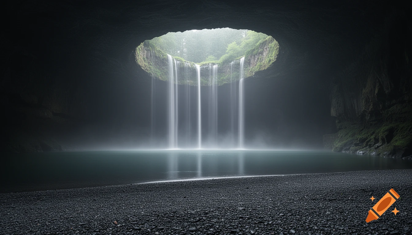 A serene view inside a dark cave, with multiple waterfalls cascading from a circular opening above into a misty lake and a gravel beach.