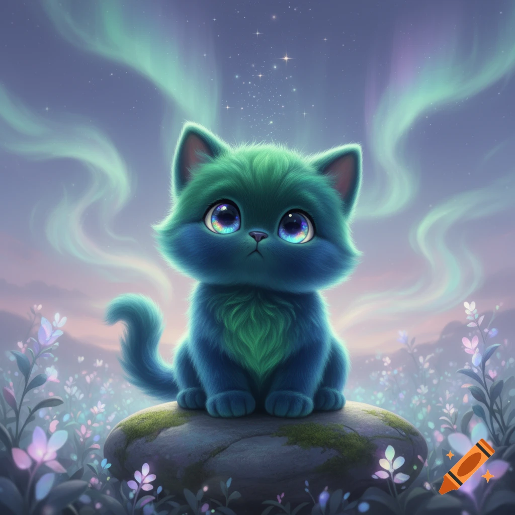 A cute, fluffy blue and green cat with large, sparkling eyes sits on a mossy rock amidst glowing plants under an aurora sky.