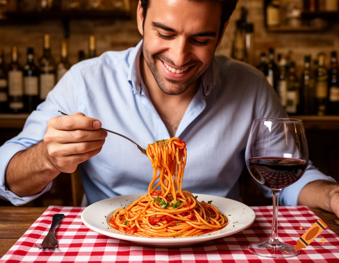 A smiling man in a blue shirt enjoys a plate of spaghetti with red wine on a red and white checkered tablecloth.