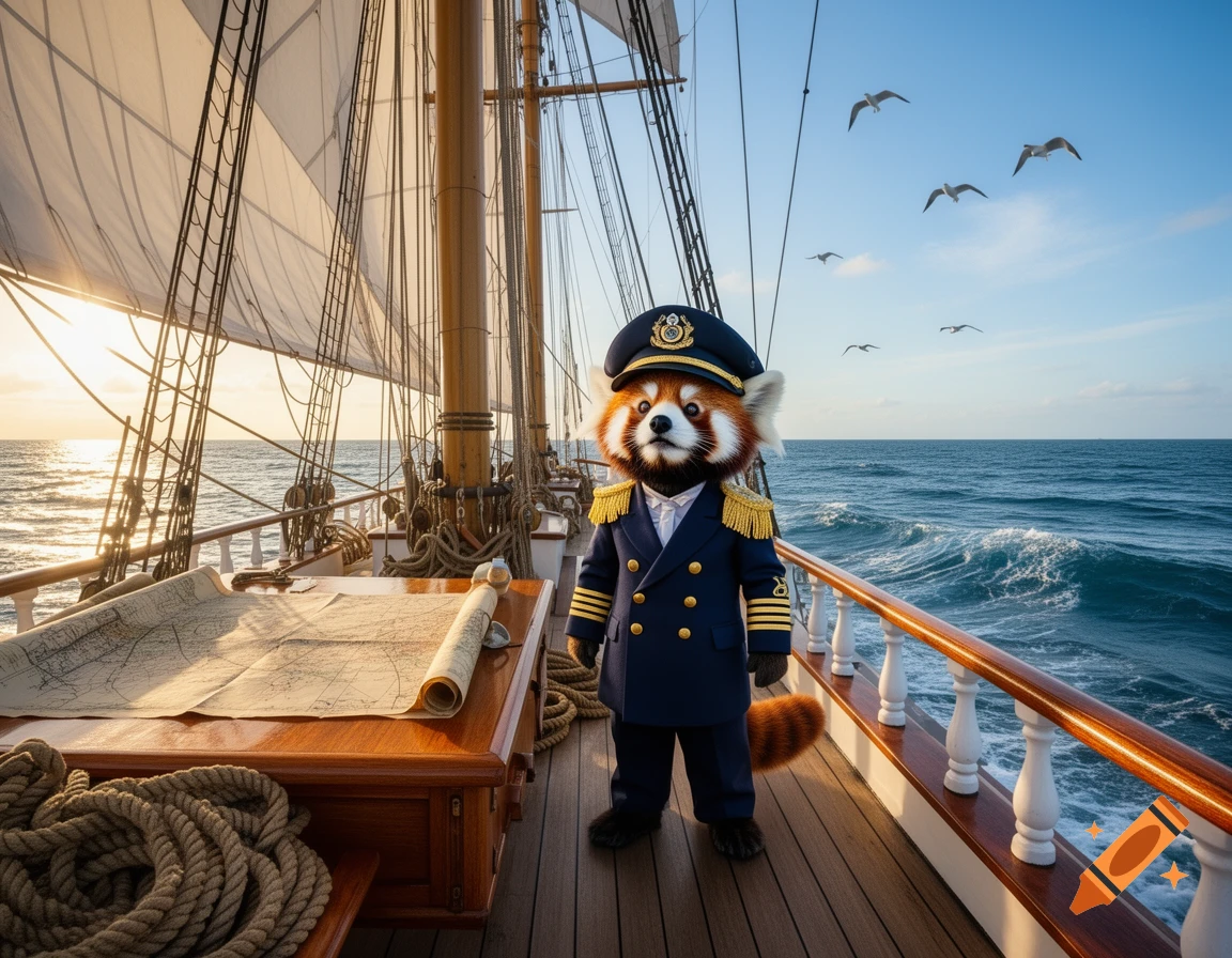 A red panda captain in uniform stands on the wooden deck of a sailing ship at sunset, with a rolled map and ropes nearby, seagulls flying over the ocean.