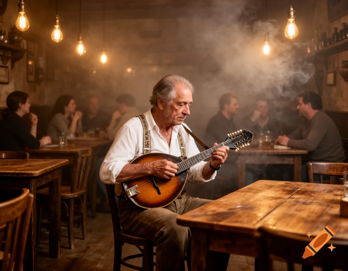 An elderly man plays a mandolin in a smoky, dimly lit pub, with blurred patrons in the background.