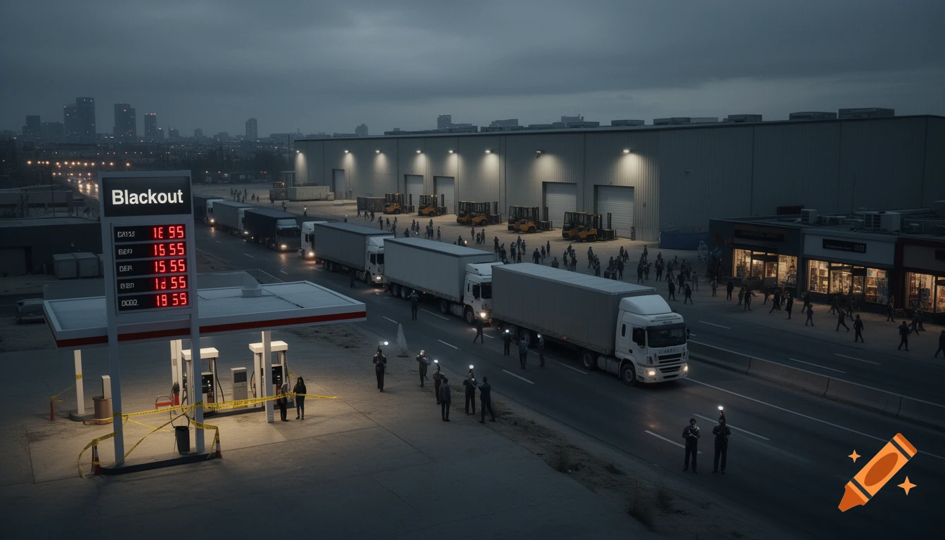 An aerial view of a dark, post-blackout scene with a gas station displaying "Blackout" and garbled prices, long lines of semi-trucks, people with flashlights, and industrial warehouses under a gloomy sky.