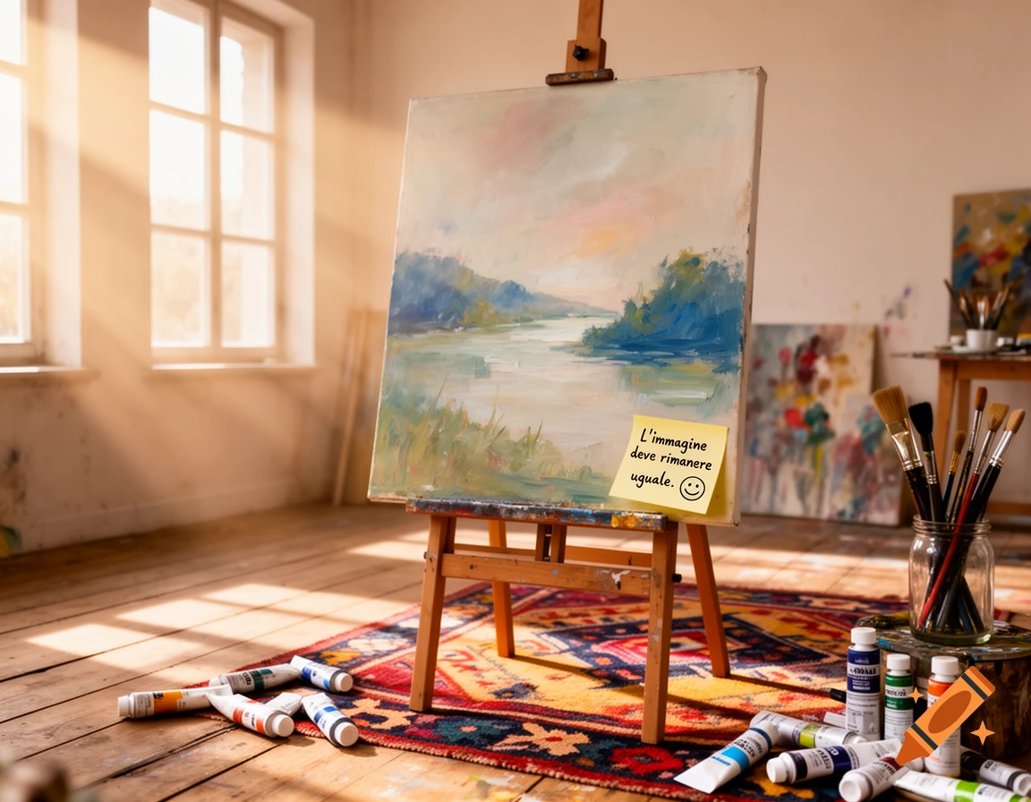Sunlit art studio with a landscape painting on an easel. Paint tubes and brushes lie on the wooden floor. A sticky note reads 'L'immagine deve rimanere uguale. :)'.
