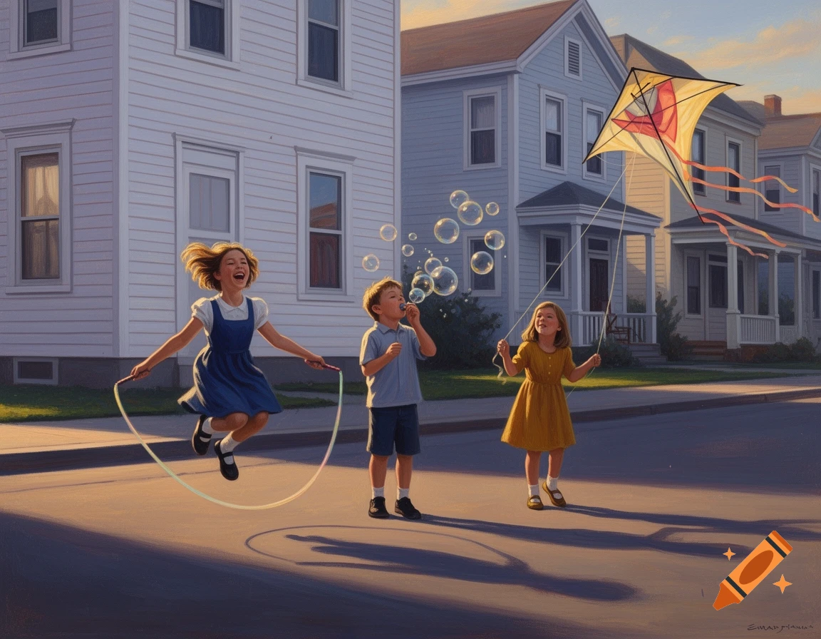 Three children playing on a street in an Edward Hopper-style painting: a girl skips rope, a boy blows bubbles, and another girl flies a kite.