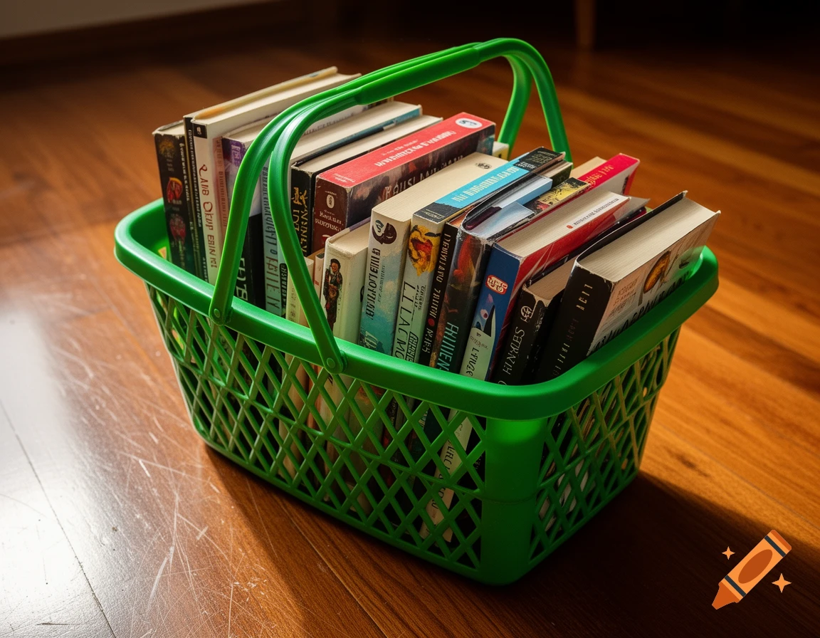 A green shopping basket filled with various paperback and hardcover books sits on a polished hardwood floor.