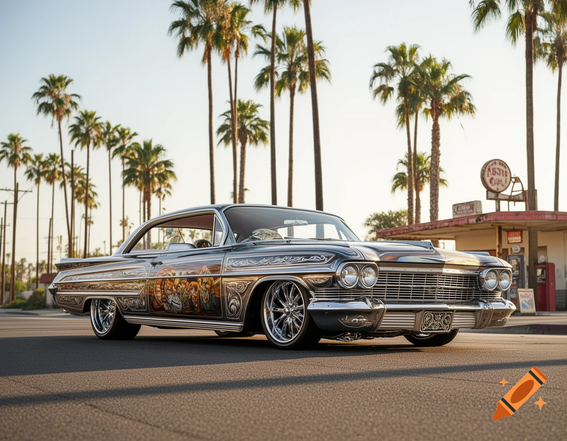 A custom lowrider car with intricate artwork on its side, parked on an asphalt road in front of a gas station with palm trees under a clear sky, photorealistic.