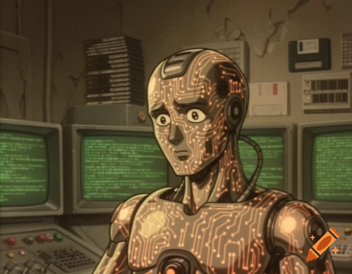 Anime-style robot with circuit patterns looks distressed at a retro computer workstation.