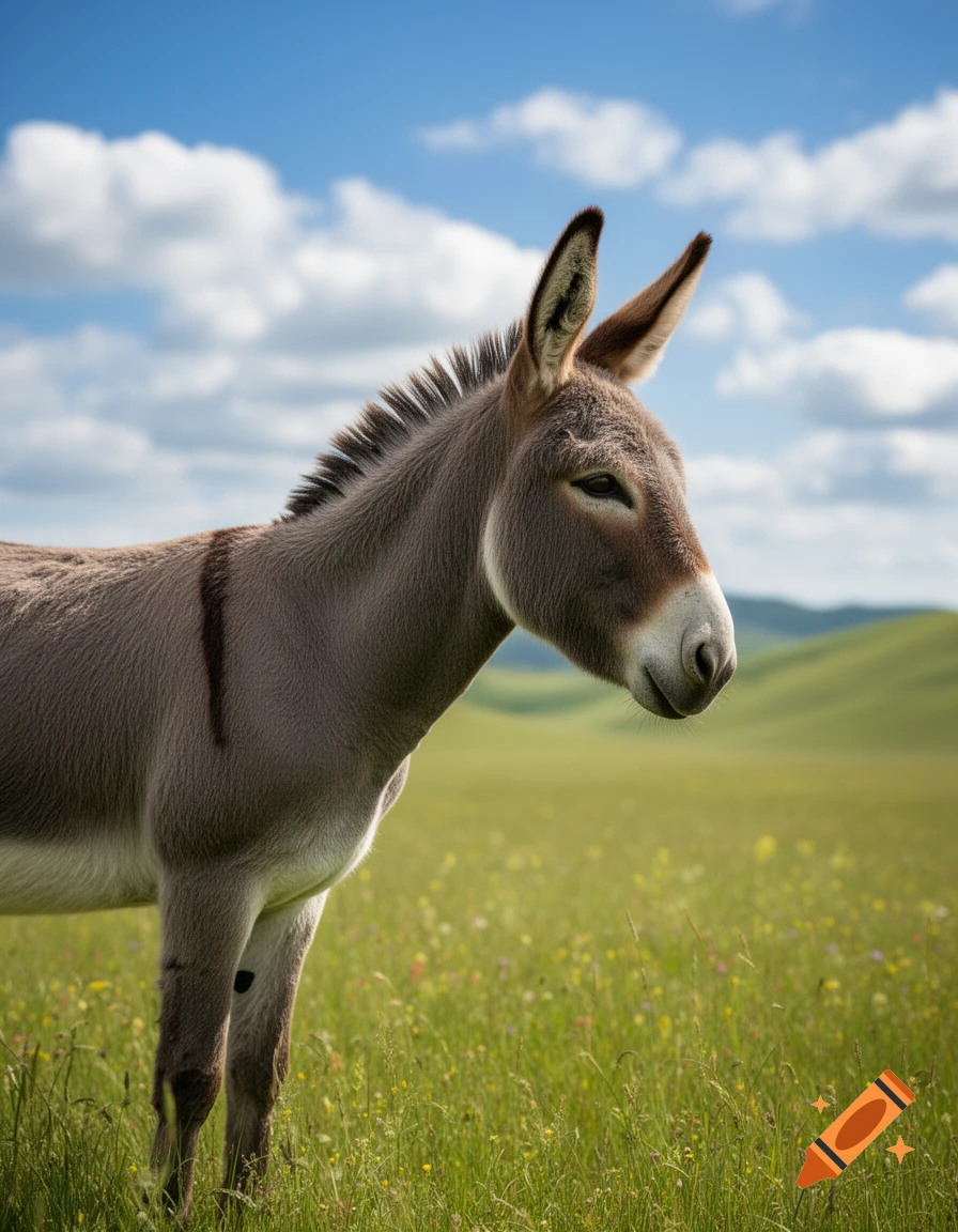 A photorealistic donkey stands in a vibrant green meadow under a blue sky with white clouds.