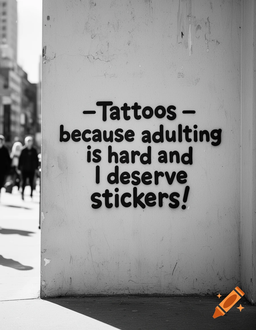 Black and white street photo of a wall with the text 'Tattoos - because adulting is hard and I deserve stickers!'