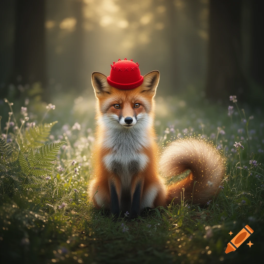 A photorealistic fox with a red hat sits in a glowing forest with soft light and sparkles.