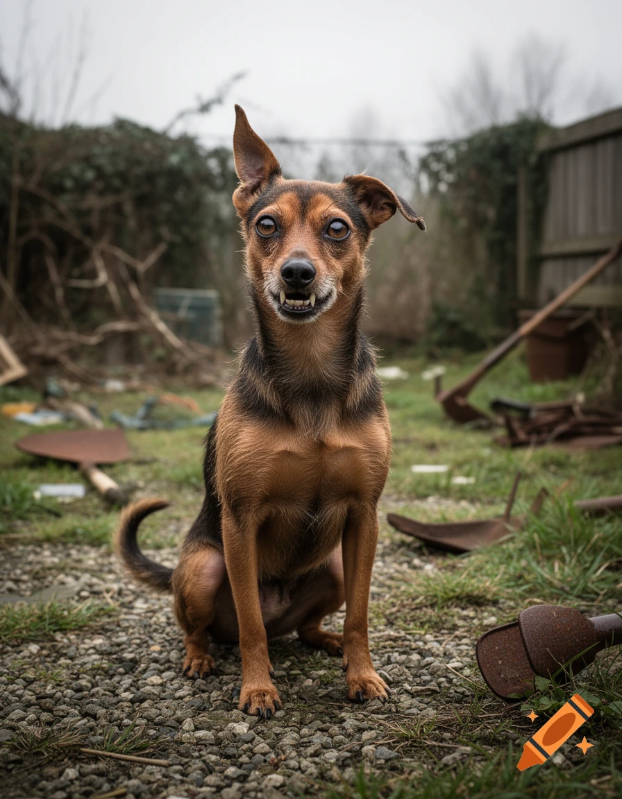 A brown and black dog with wide eyes, one ear perked, and teeth showing, sits on gravel in a rustic backyard with rusty shovels.