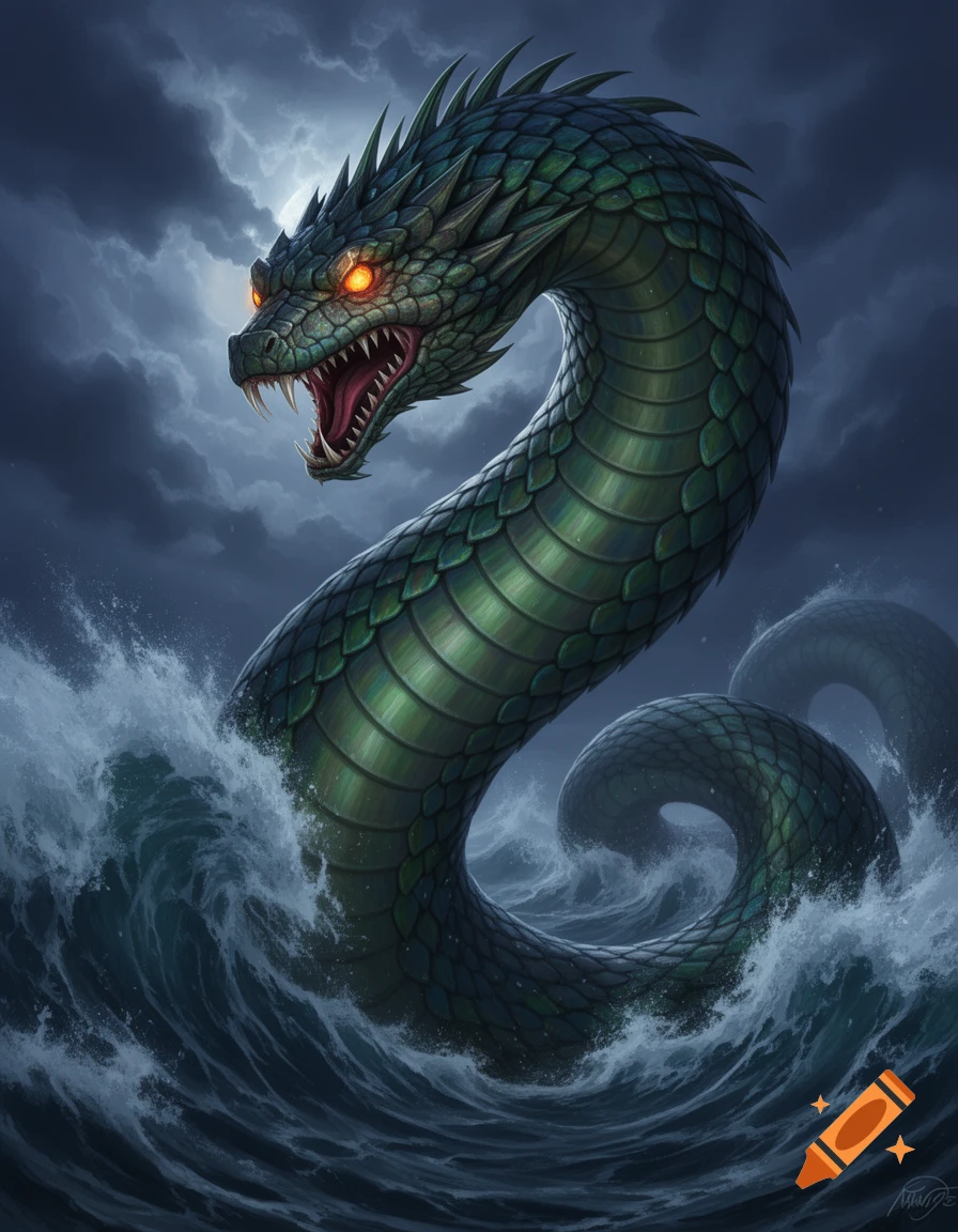 A majestic green sea serpent with glowing orange eyes emerges from dark, stormy ocean waves under a cloudy sky.