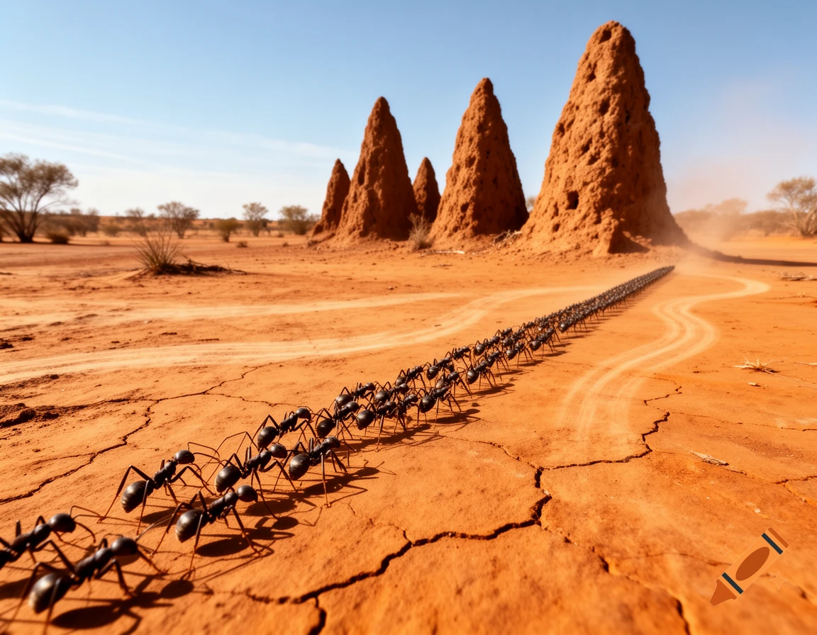 A long column of black army ants marches across cracked, orange desert soil towards large, brown termite mounds under a clear blue sky.