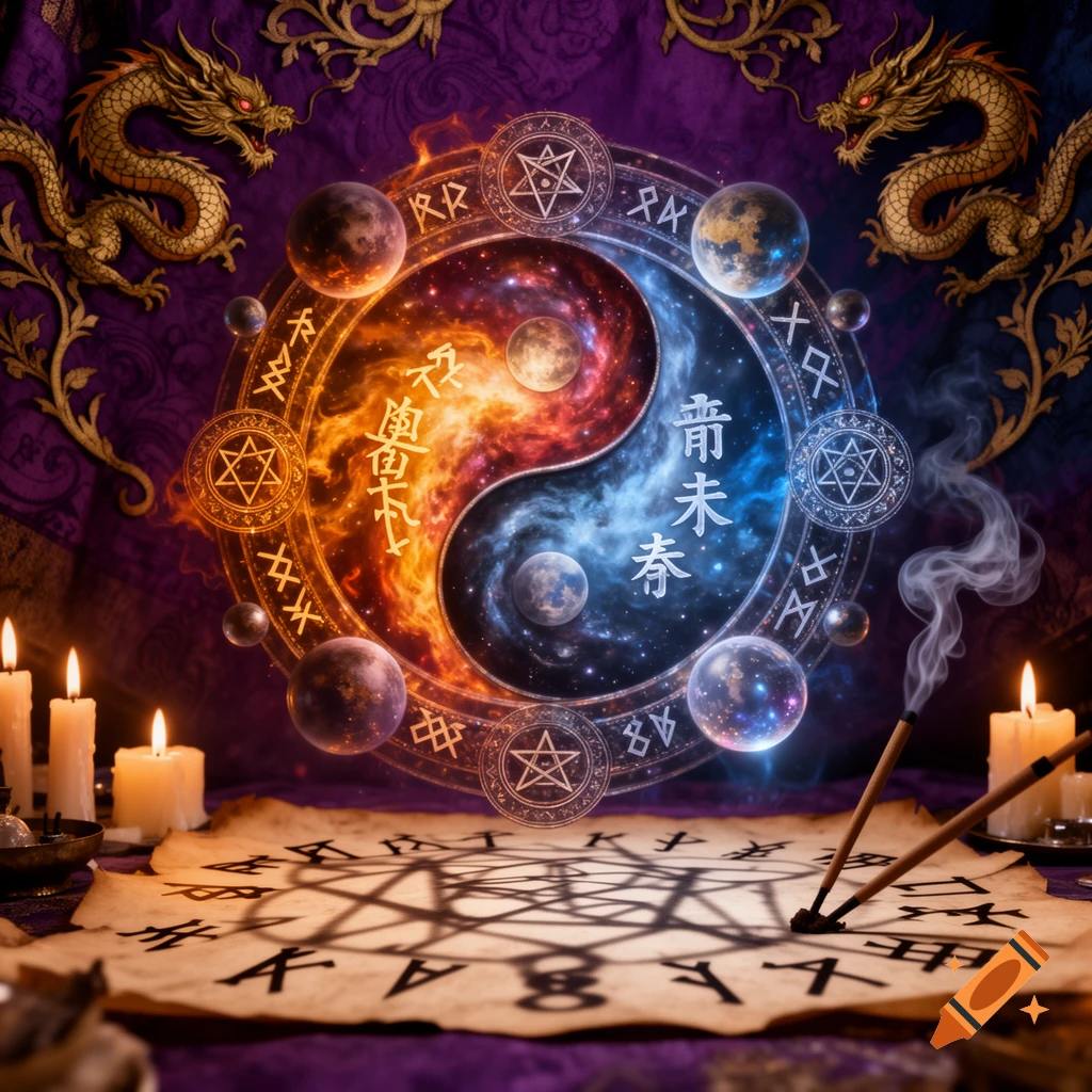 A vibrant digital painting of a cosmic yin-yang symbol featuring dragons, planets, runes, and esoteric characters, with candles and an old scroll on a purple cloth in the foreground.