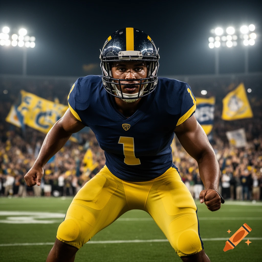 A determined football player in a blue and yellow uniform and helmet, number 1, crouches on a green stadium field at night.