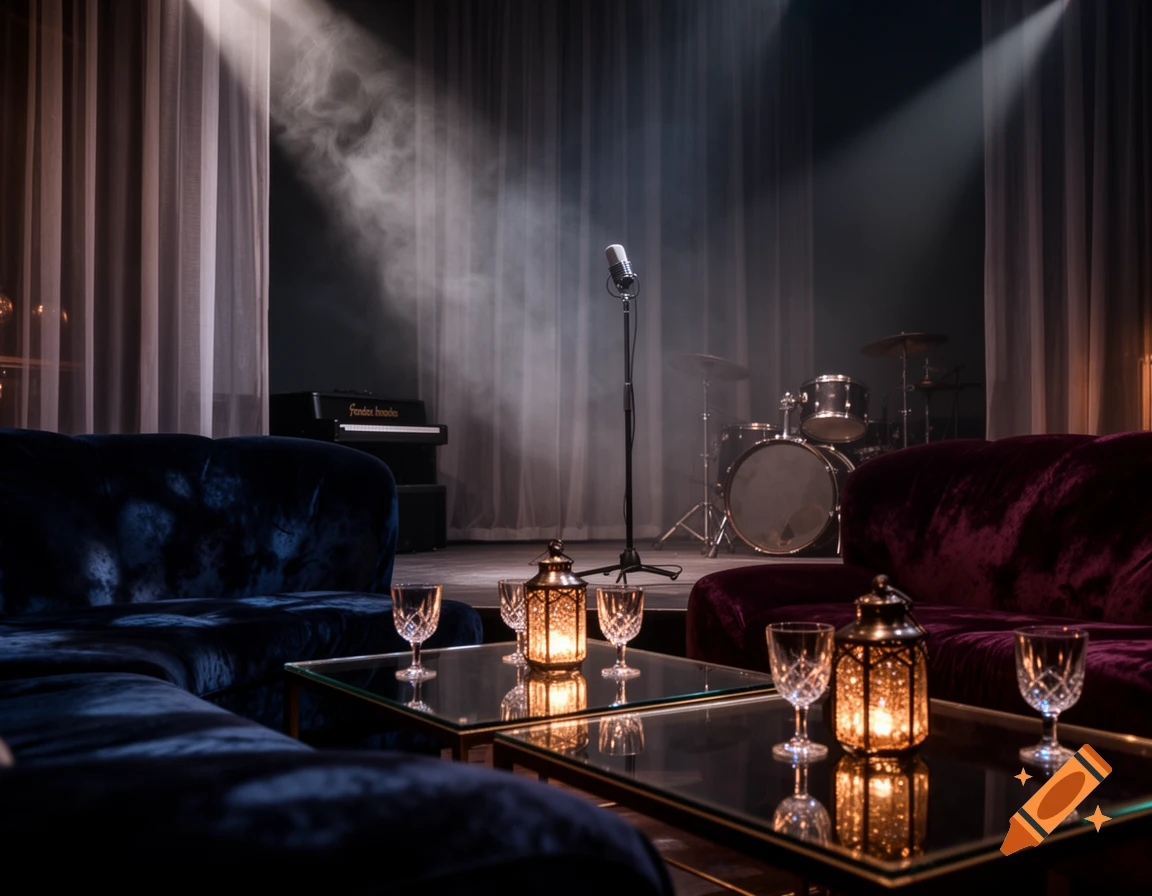 A dimly lit lounge with velvet sofas and glass tables, facing a stage with a microphone, piano, and drum set.