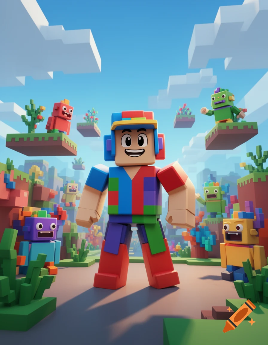 A colorful, smiling blocky character stands in a vibrant video game world with floating islands and smaller blocky creatures.