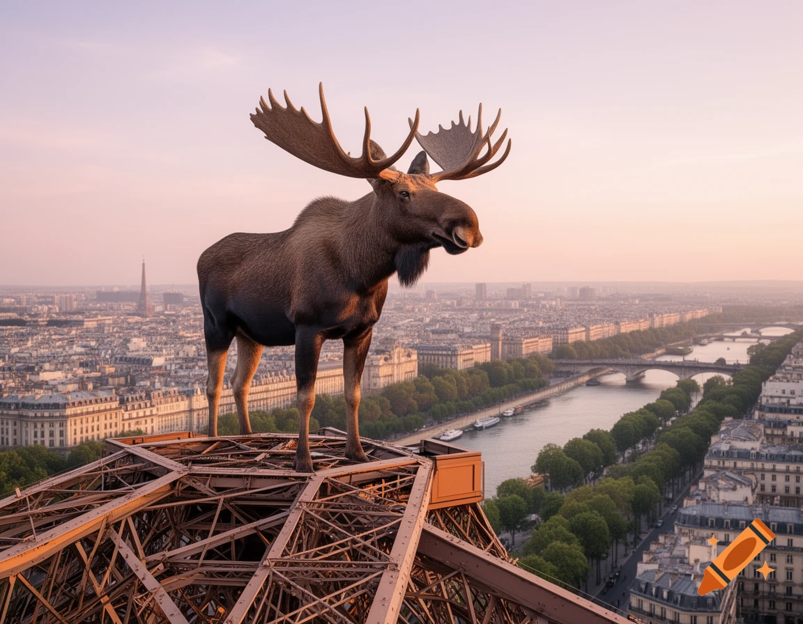 A majestic moose stands on the Eiffel Tower, overlooking Paris and the Seine River at sunset in a photorealistic style.