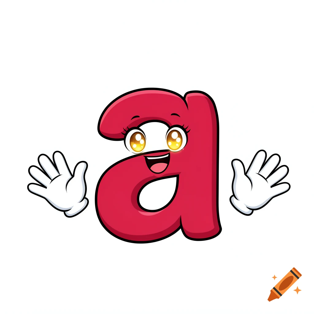 Cartoon red lowercase 'a' character with a happy face, big glowing eyes, and white gloved hands, against a plain white background.