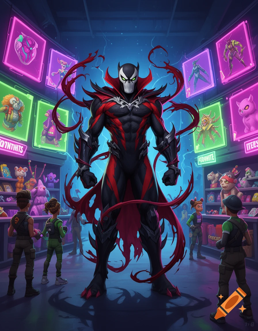 A powerful, Spawn-like figure in black and red armor with glowing green eyes stands in a stylized Fortnite item shop, surrounded by characters and neon signs.