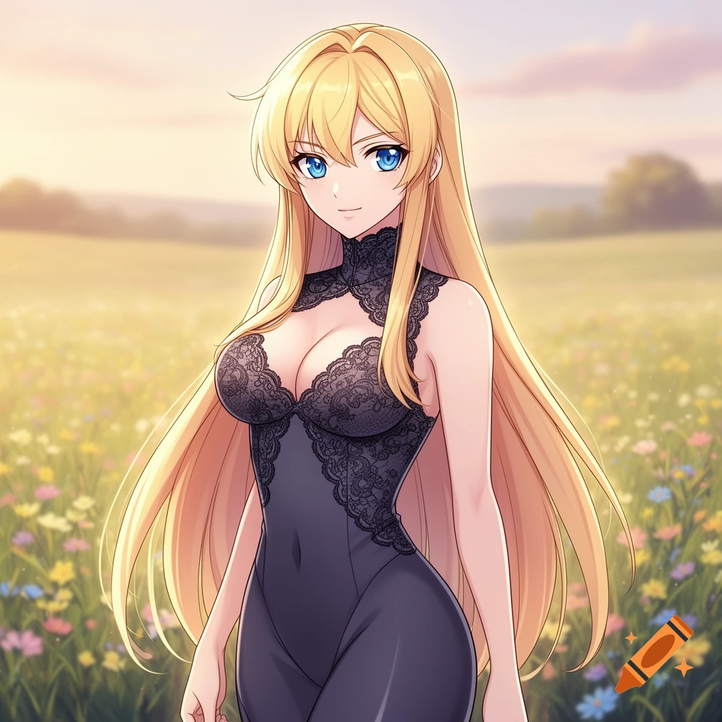 An anime woman with long blonde hair and blue eyes, wearing a black lace bodysuit, stands in a field of wildflowers.