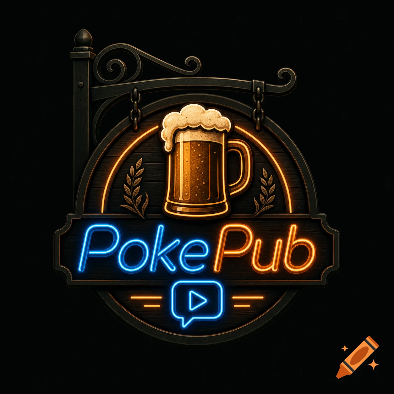 A stylized wooden and metal pub sign logo with a beer mug and neon text 'Poke Pub' in blue and orange, and a play button icon.