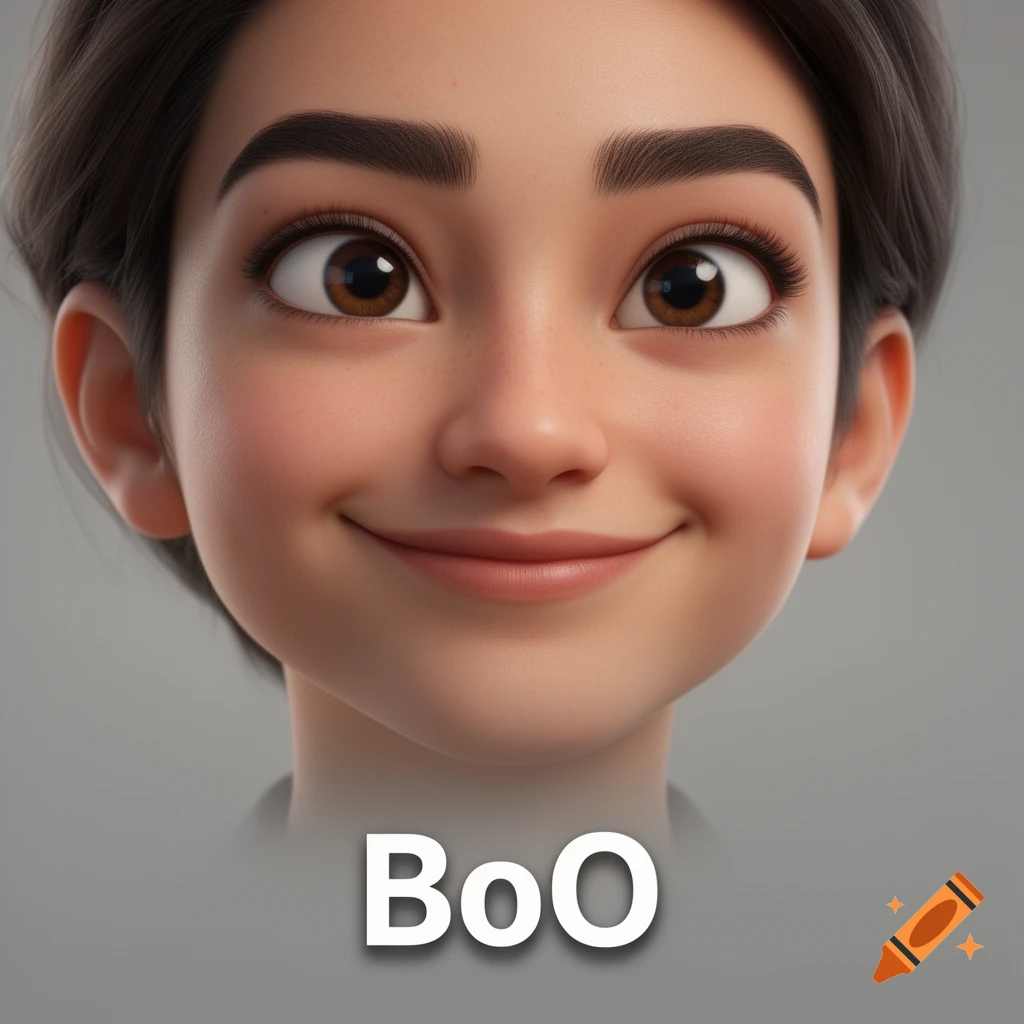 Close-up of a smiling cartoonish person with dark hair and brown eyes, with the name "BoO" below.
