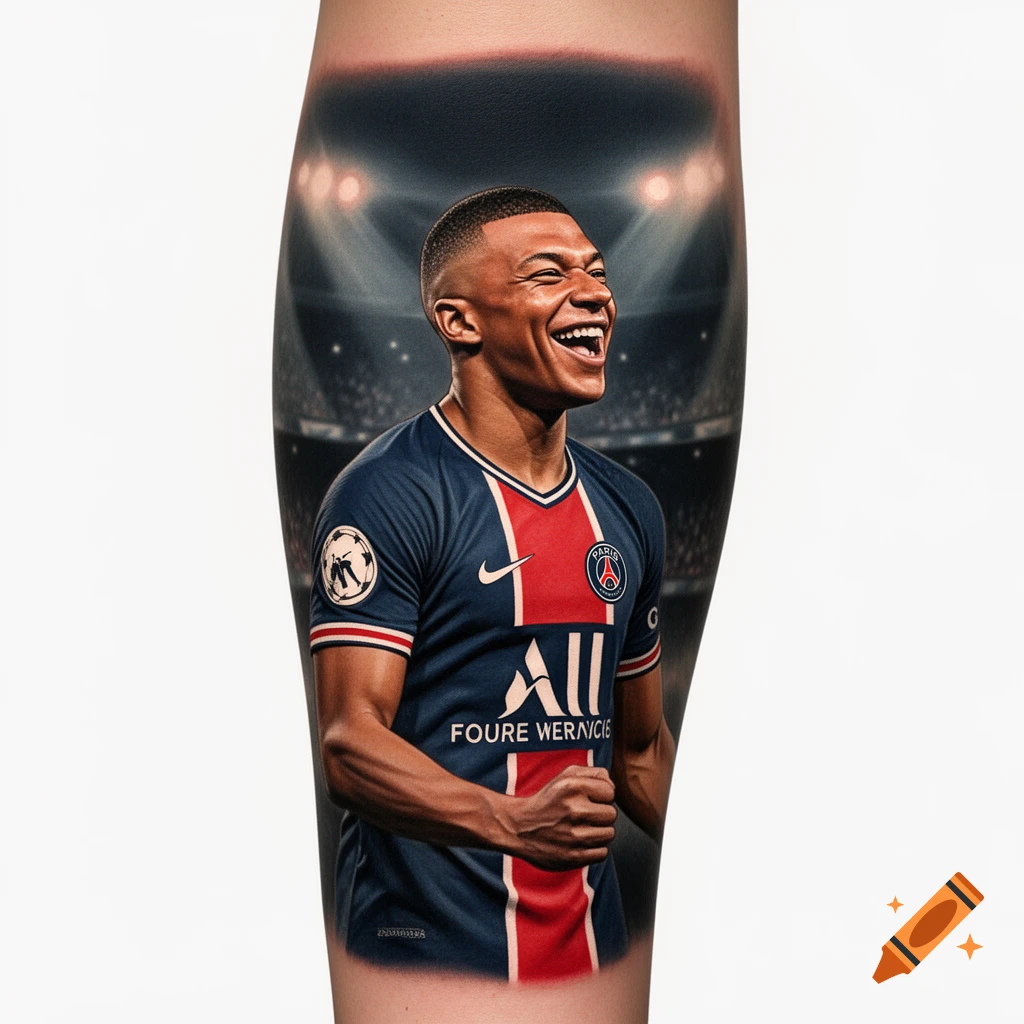 Photorealistic tattoo of soccer player Kylian Mbappe in a blue and red jersey, smiling, with a stadium background.