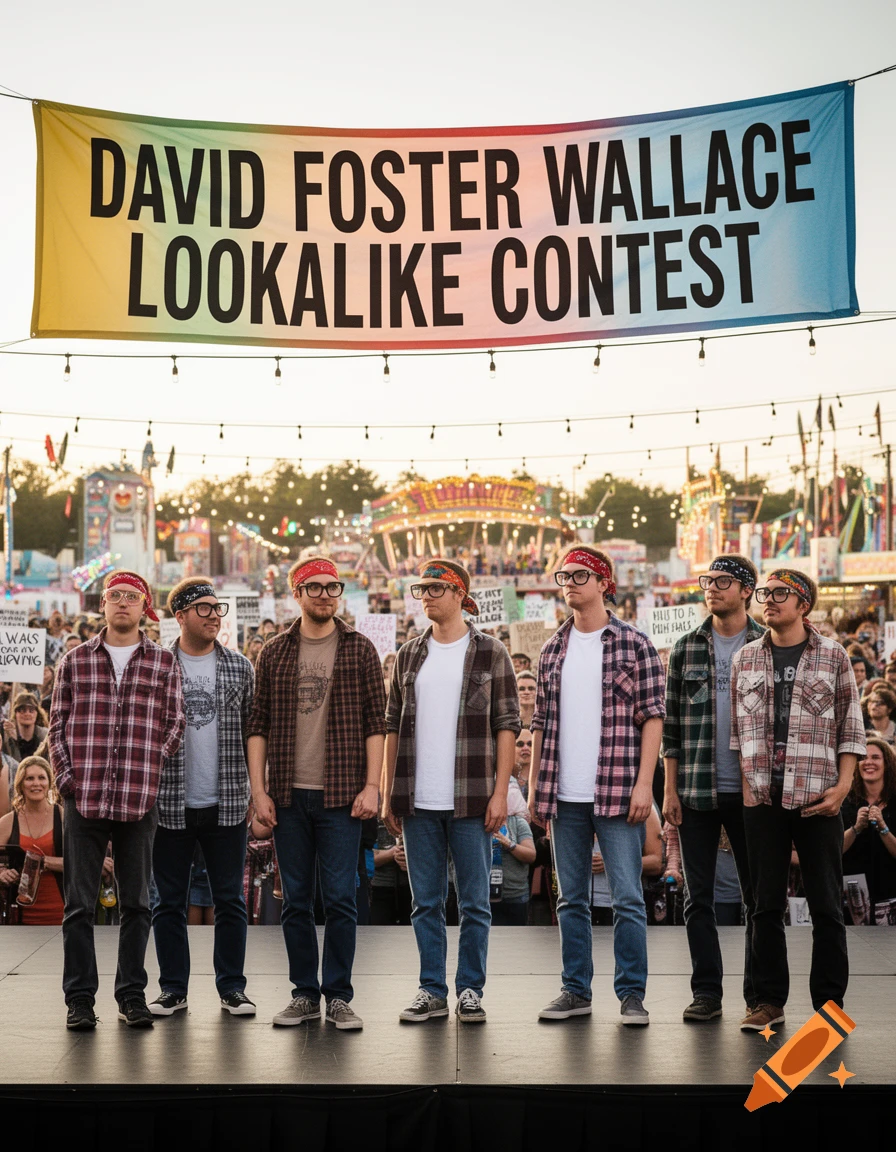 Seven men resembling David Foster Wallace stand on a stage under a 'Lookalike Contest' banner at an outdoor event.