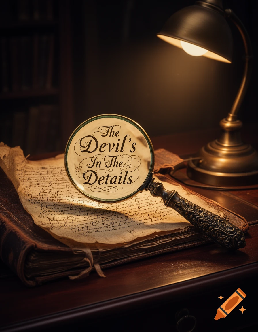A magnifying glass displaying 'The Devil's In The Details' over an old document and book, illuminated by a vintage desk lamp.