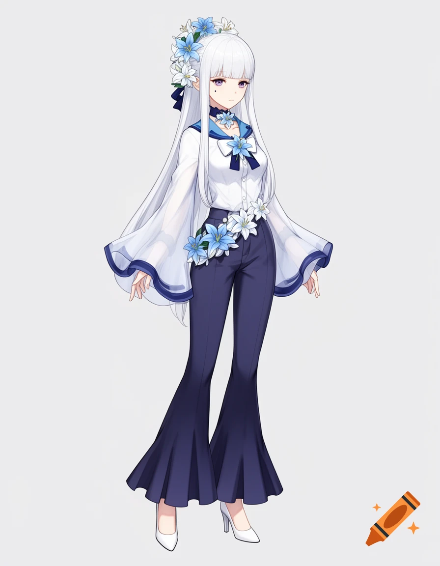 An anime girl with long white hair adorned with blue and white lilies, wearing a white blouse, dark blue bell-bottom trousers, and white heels.